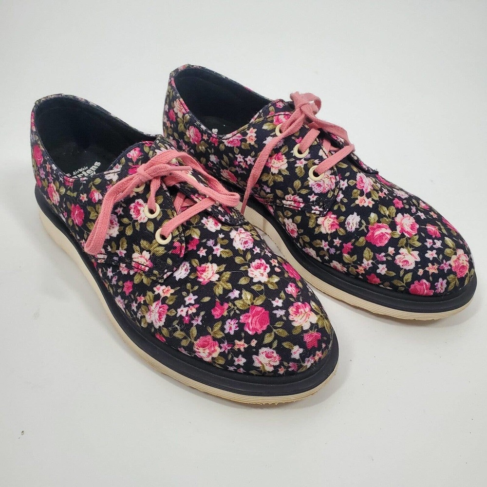 Dr Martin women 9 Pierce Black Floral Rose Canvas Oxford Causal Shoe 3 Eye
